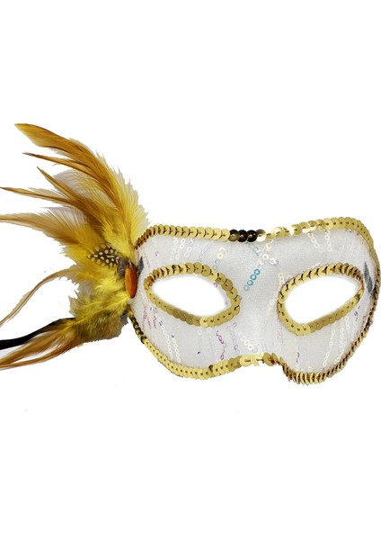 Altın Renk Yandan Tüylü Pul Payet Işlemeli Parti Maskesi 23X12 cm - Lisinya