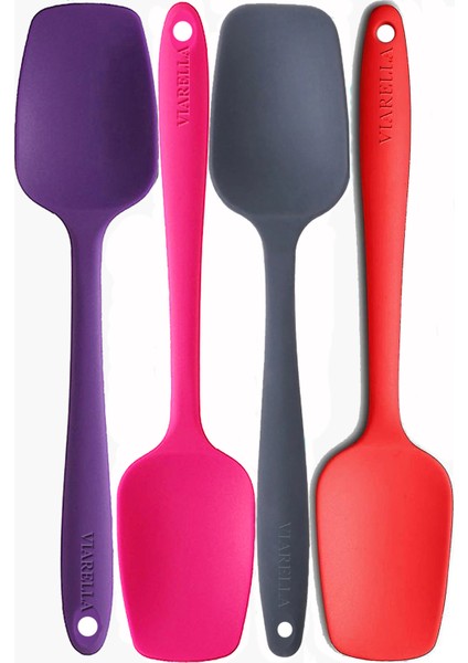 Silikon Kaşık Seti 4lü Büyük Boy Yanmaz Yapışmaz Çizmez Mor-Fuşya-Gri-Kırmızı 27cm