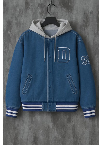 Erkek Oversize Kapşonlu Mavi Kot Kolej Mont