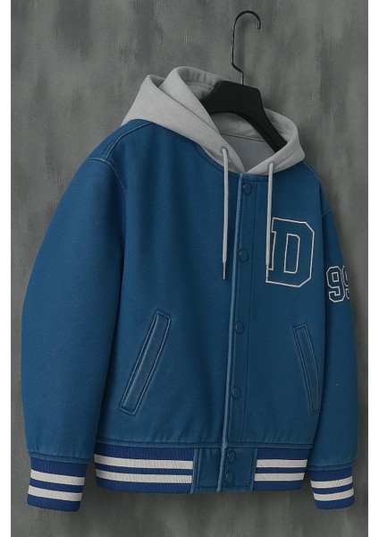 Erkek Oversize Kapşonlu Mavi Kot Kolej Mont modelleri