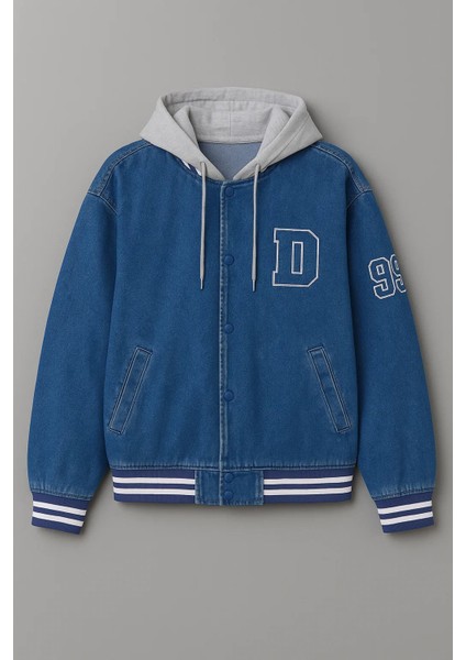 Erkek Oversize Kapşonlu Mavi Kot Kolej Mont fırsatları