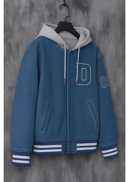 Erkek Oversize Kapşonlu Mavi Kot Kolej Mont indirimleri