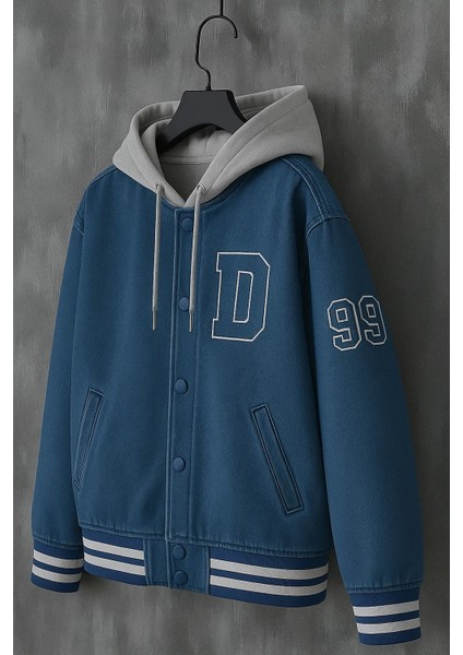 Erkek Oversize Kapşonlu Mavi Kot Kolej Mont