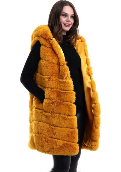 Kadın Kapşonlu Peluş Kürk Yelek Premium Kalite, Tam Astarlı, Uzun Model - Sarı