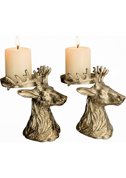 Gümüş Renk Geyik Figürlü 2’li Dekoratif Şamdan Seti | Lüks Metal Görünümlü Mumluk | Salon ve Masa Üstü Ev Aksesuarı