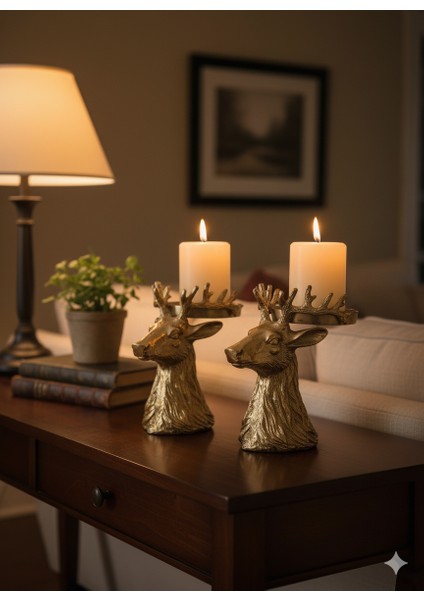 Gümüş Renk Geyik Figürlü 2’li Dekoratif Şamdan Seti | Lüks Metal Görünümlü Mumluk | Salon ve Masa Üstü Ev Aksesuarı fiyatları