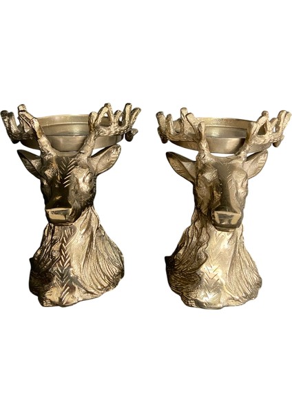 Gümüş Renk Geyik Figürlü 2’li Dekoratif Şamdan Seti | Lüks Metal Görünümlü Mumluk | Salon ve Masa Üstü Ev Aksesuarı indirimleri