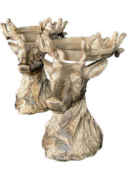 Gümüş Renk Geyik Figürlü 2’li Dekoratif Şamdan Seti | Lüks Metal Görünümlü Mumluk | Salon ve Masa Üstü Ev Aksesuarı