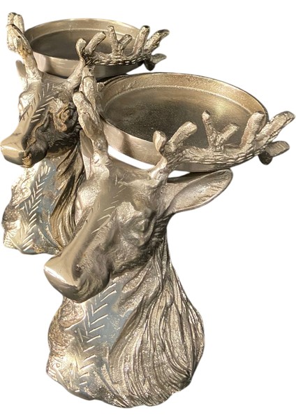 Gümüş Renk Geyik Figürlü 2’li Dekoratif Şamdan Seti | Lüks Metal Görünümlü Mumluk | Salon ve Masa Üstü Ev Aksesuarı