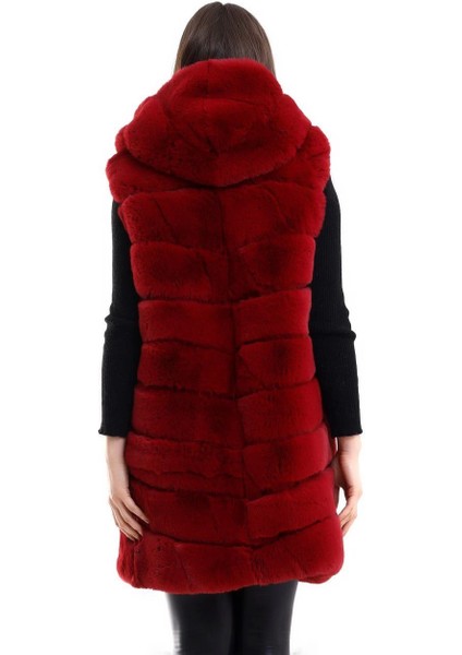 Kadın Kapşonlu Peluş Kürk Yelek Premium Kalite, Tam Astarlı, Uzun Model - Kırmızı modelleri