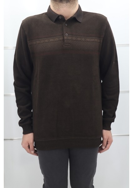 Fistan Store Erkek Kahverengi Desenli Spor Kesim Normal Kalıp Polo Yaka Selanik Kumaşlı Kışlık Kazak
