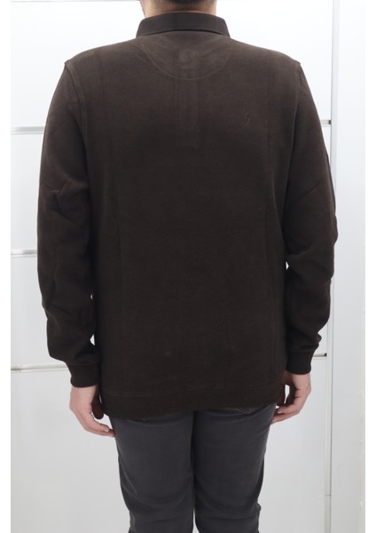 Fistan Store Erkek Kahverengi Desenli Spor Kesim Normal Kalıp Polo Yaka Selanik Kumaşlı Kışlık Kazak modelleri