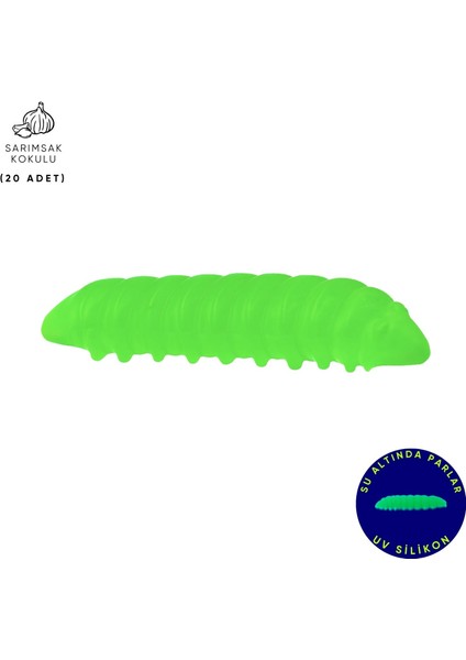 Silikon Kurt Yem - Fishack - 35MM - Sarımsak Kokulu - 20 Adet - Yeşil - Uv - Trout Bait