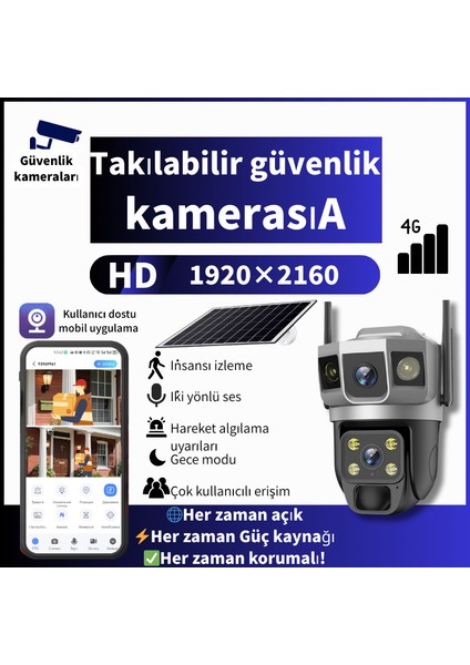 4g Sım Kartlı Güneş Enerjili Güvenlik Kamerası 6mp (3+3mp) Çift Lens Üç Görüntü, Güneş Enerjili, Gece Görüşü, Çift Yönlü Ses, Hareket Algılama modelleri