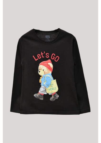 Kız Çocuk Let's Go Baskılı Uzun Kol T-Shirt 724021 Siyah modelleri