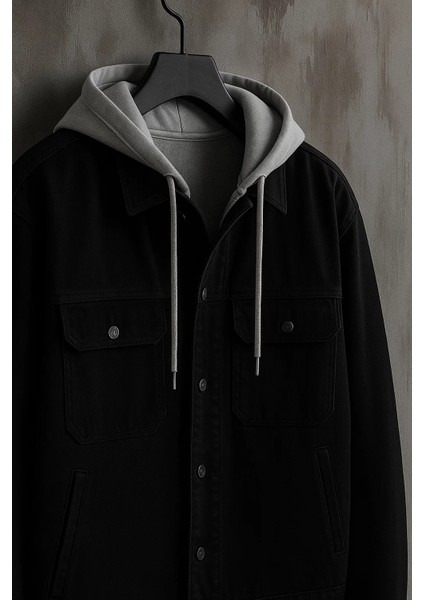 Erkek Göğüs Cep Oversize Siyah Kapşonlu Kot Mont fiyatları