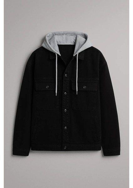 Erkek Göğüs Cep Oversize Siyah Kapşonlu Kot Mont modelleri