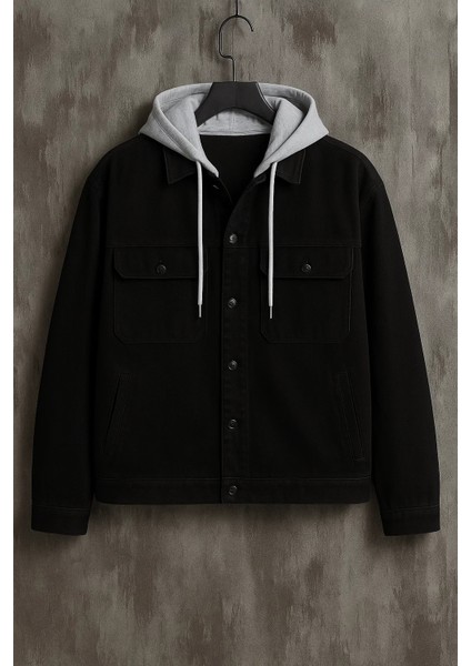 Erkek Göğüs Cep Oversize Siyah Kapşonlu Kot Mont fırsatları