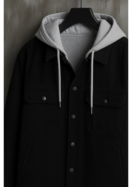 Erkek Göğüs Cep Oversize Siyah Kapşonlu Kot Mont indirimleri