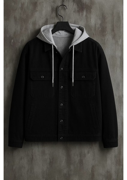 Erkek Göğüs Cep Oversize Siyah Kapşonlu Kot Mont