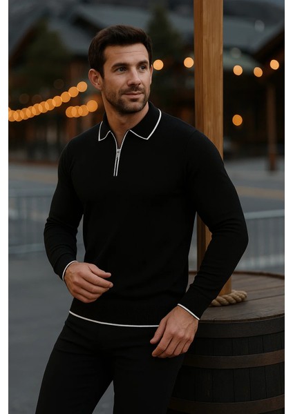 Erkek Günlük Uzun Kollu Siyah Polo Yaka Kazak