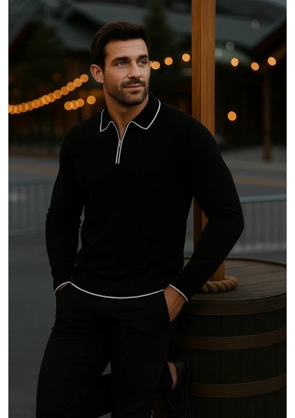 Erkek Günlük Uzun Kollu Siyah Polo Yaka Kazak modelleri