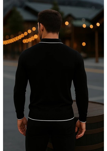 Erkek Günlük Uzun Kollu Siyah Polo Yaka Kazak