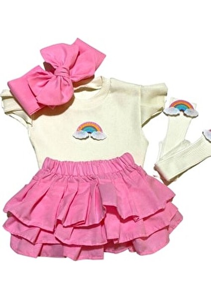 Popüler Kız Bebek Pembe Fırfır Şortlu Etek, Kolsuz Bluz, Diz Altı Çorap ve Fiyonklu Saç Bandı Takımı