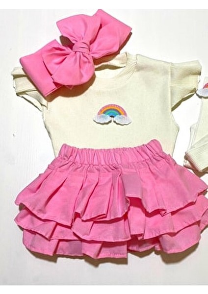 Popüler Kız Bebek Pembe Fırfır Şortlu Etek, Kolsuz Bluz, Diz Altı Çorap ve Fiyonklu Saç Bandı Takımı fiyatları