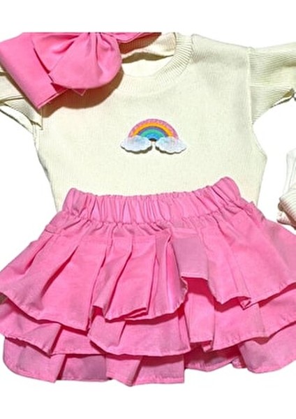 Popüler Kız Bebek Pembe Fırfır Şortlu Etek, Kolsuz Bluz, Diz Altı Çorap ve Fiyonklu Saç Bandı Takımı fırsatları