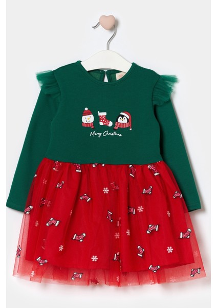 Yeşil Yılbaşı Temalı Tül Etekli Kız Bebek Elbise - Annabel