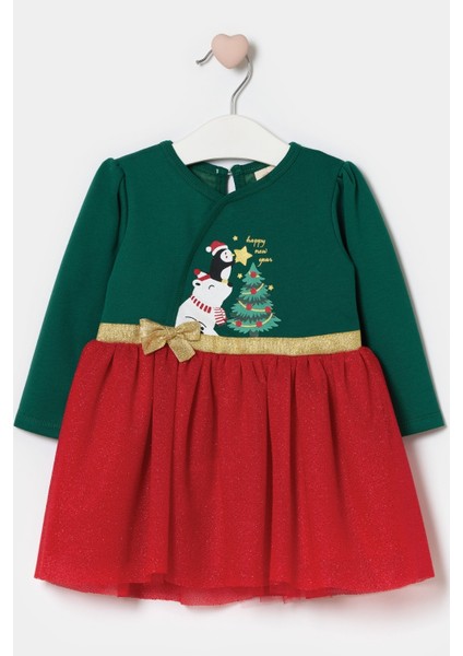 Yeşil Çam Ağacı Baskılı Tül Etekli Kız Bebek Elbise - Betty