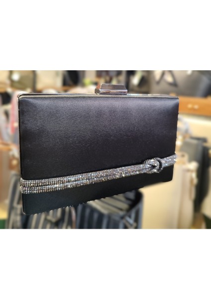 Taş Detaylı Desenli Abiye Çanta Siyah Saten