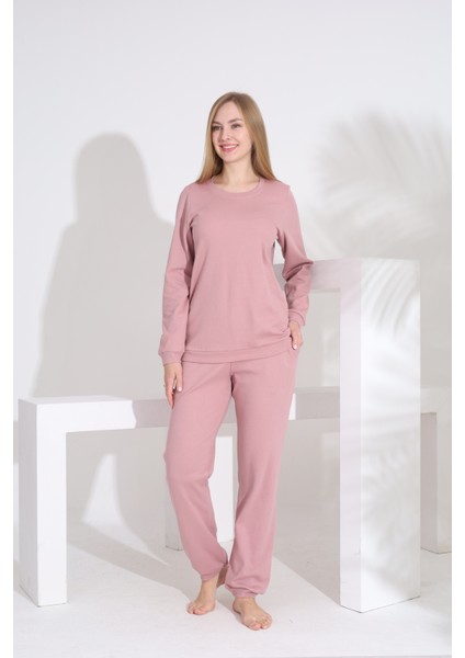 %100 Pamuk Petek Örgü Kumaş Uzun Kol Manşetli Cepli Kadın Pijama Takımı 98520