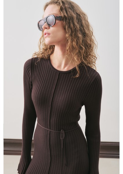 Kloş Etekli Lastik Örgü Elbise Kahverengi fırsatları