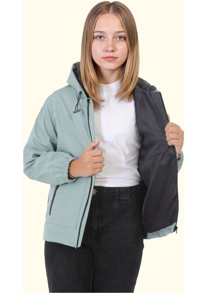 Kız Çocuk Astarlı Su ve Rüzgar Geçirmez Kapüşonlu Çift Fermuarlı Yağmurluk