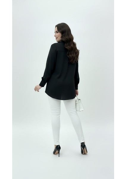 Kadın Büyük Beden Uzun Kollu Önde Ara Biye Detaylı Dökümlü Kumaş Gömlek 1991 modelleri