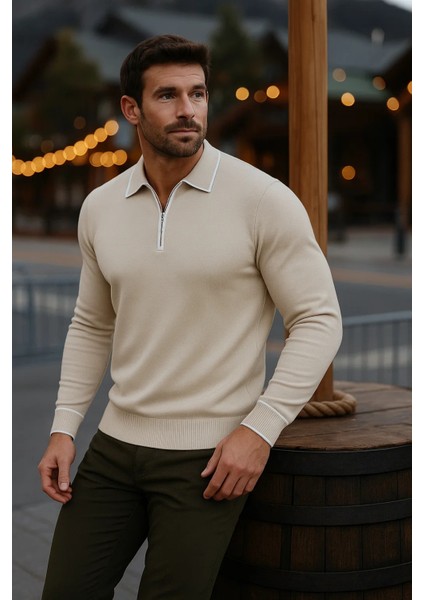 Erkek Günlük Uzun Kollu Bej Polo Yaka Kazak