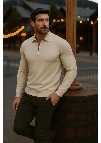 Erkek Günlük Uzun Kollu Bej Polo Yaka Kazak modelleri