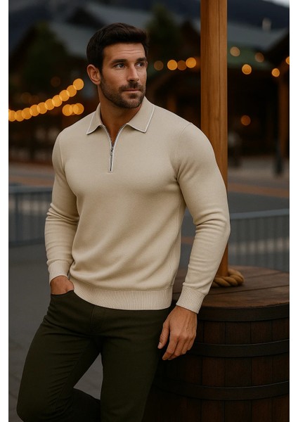 Erkek Günlük Uzun Kollu Bej Polo Yaka Kazak fırsatları