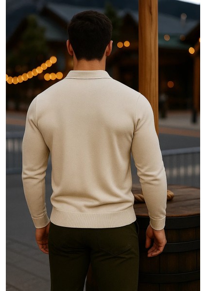 Erkek Günlük Uzun Kollu Bej Polo Yaka Kazak