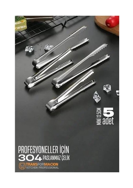 Mini 12.5 cm Buz Maşası - Şeker Limon Maşası Kokteyl Servis Maşası 5 Li Paket 304 Paslanmaz Çelik fiyatları