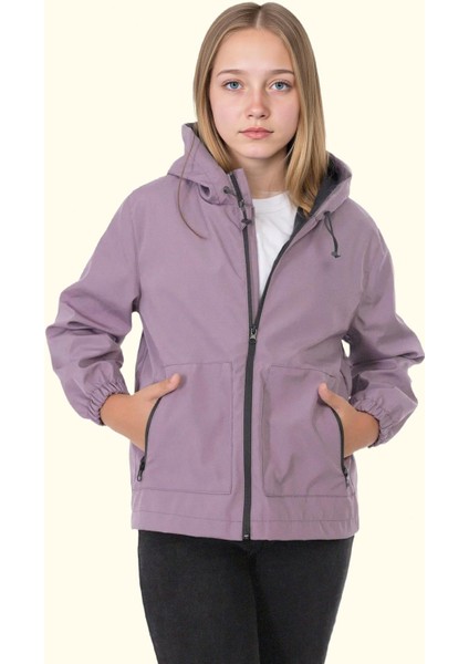 Kız Çocuk Astarlı Su ve Rüzgar Geçirmez Kapüşonlu Çift Fermuarlı Yağmurluk