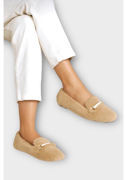 Yumuşak Peluş Ses Yapmaz Hafif Taban Kadın Ev Babeti Panduf Bej