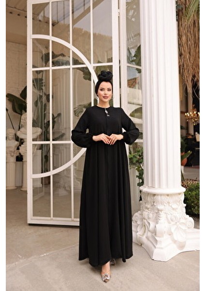 Mevlana Ferace Kadın Medine İpeği Uzun Kol Yuvarlak Yaka Şık Tasarım