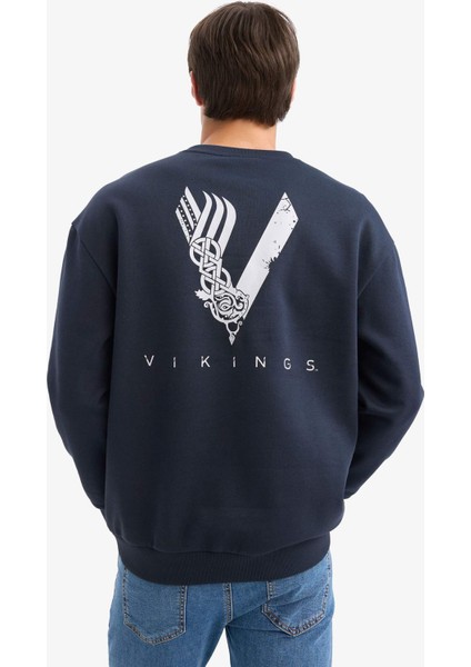 Vikings Boxy Fit Bisiklet Yaka Sırt Baskılı Sweatshirt E9323AX25AU