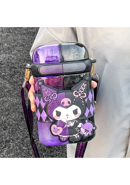 Çocuk Suluk Matara 640ML Askılı Kuromi Figürlü Iki Bölmeli Kapak Plastik AD1148