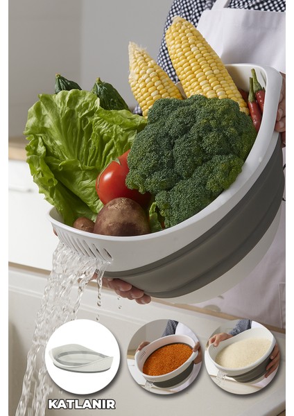 Yer Kaplamaz Katlanabilir Pirinç Bakliyat ve Yıkama Süzgeci - Meyve Sebze Yıkama - Akordiyon Kap