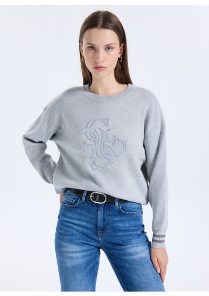 Yuvarlak Yaka Standart Baskılı Gri Kazak Kadın Sylvie Kadın Triko