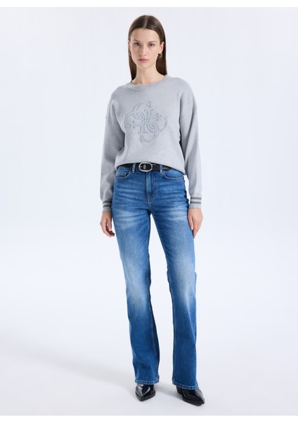 Yuvarlak Yaka Standart Baskılı Gri Kazak Kadın Sylvie Kadın Triko fiyatları